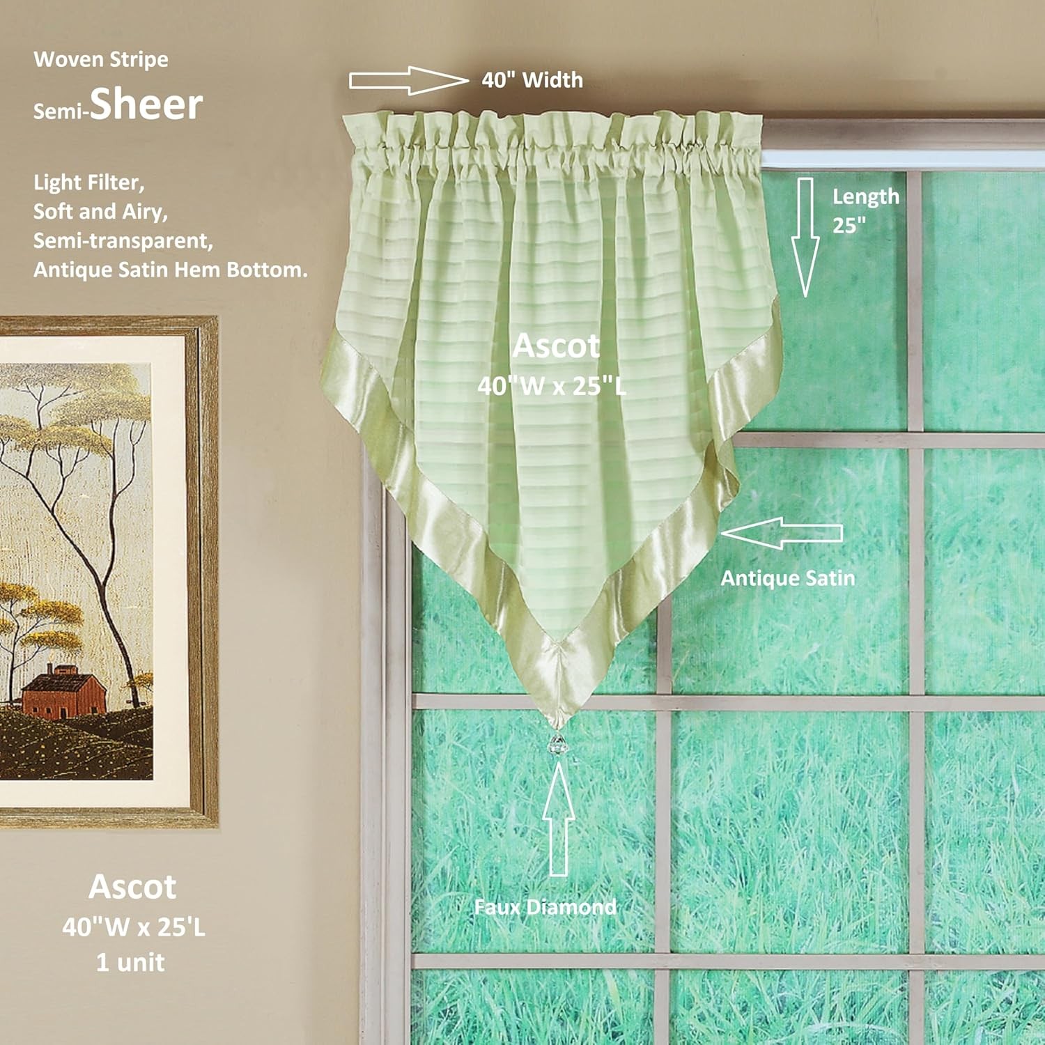 Silhouette Stripe Sheer Ascot, Sage, 40″ W x 25″ L