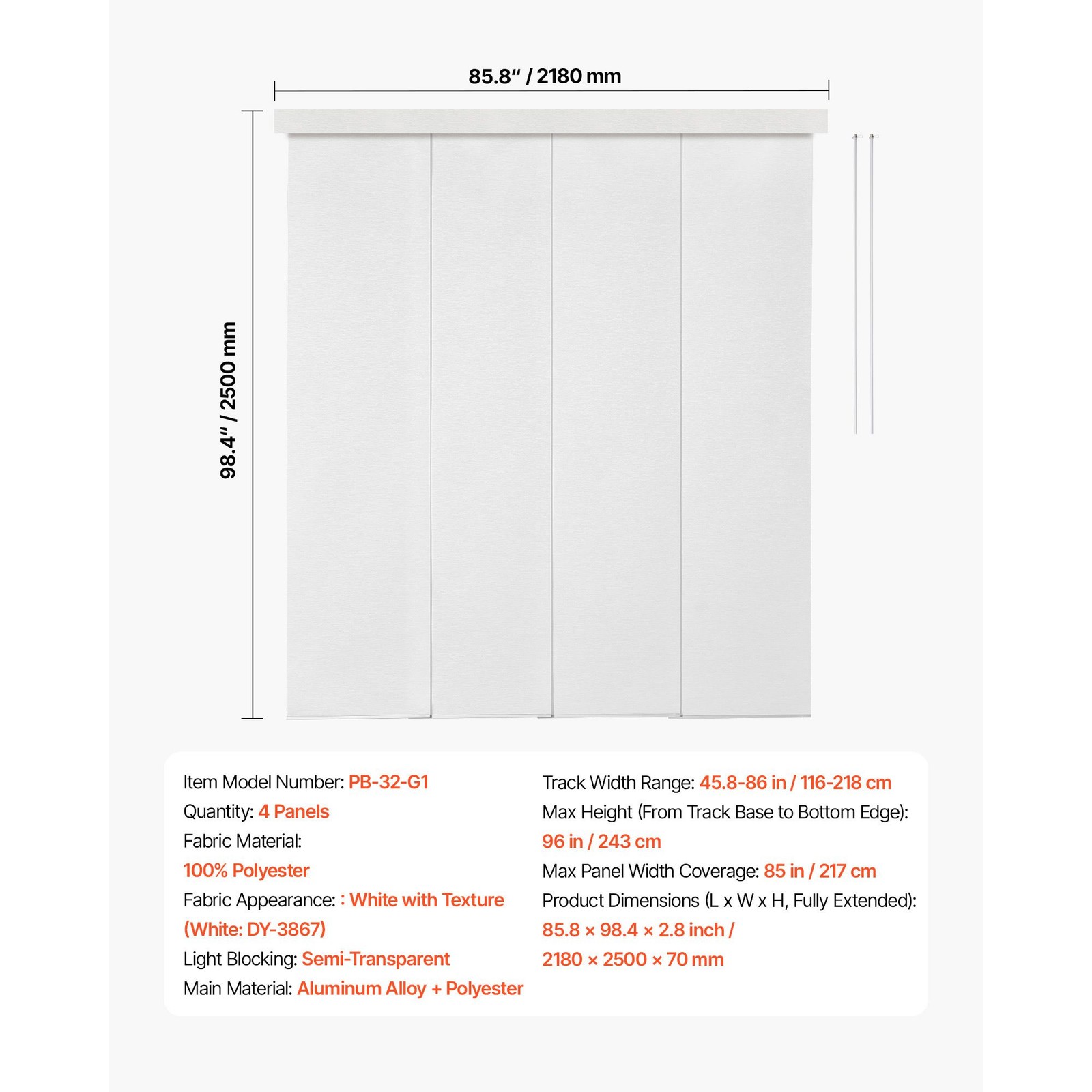 White Adjustable Vertical Panel Blinds for Sliding Doors, 45.8 – 86 in