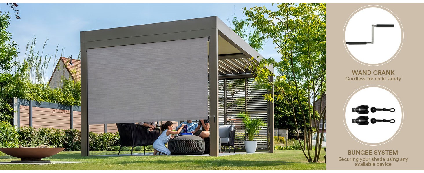 Outdoor Roller Shade 10′ W x 8′ H, Exterior Cordless Patio Shades Roll Up Blinds