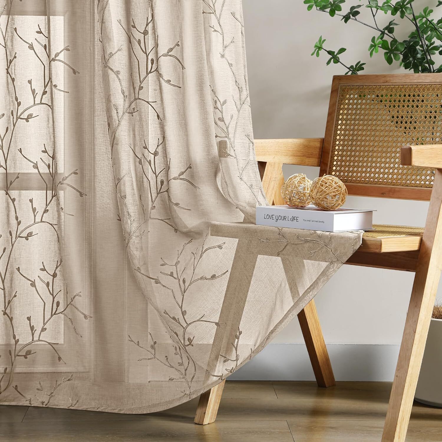 Taupe Sheer Curtains 52 X 84 Inches Length 2 Panels Embroidered Branch Pattern