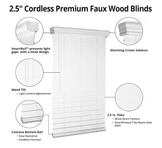 CUSTOM SIZE Cordless Faux Wood Blinds for Windows with 2.5 in. Slats