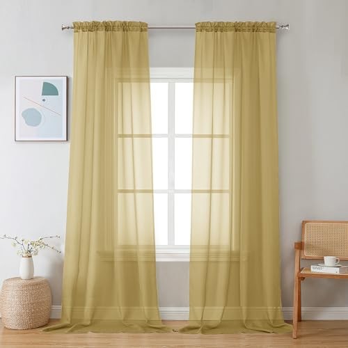 Sheer Curtains 96 inches Long 2 Panels, Light 42″W x 96″L (Pack of 2) Gold