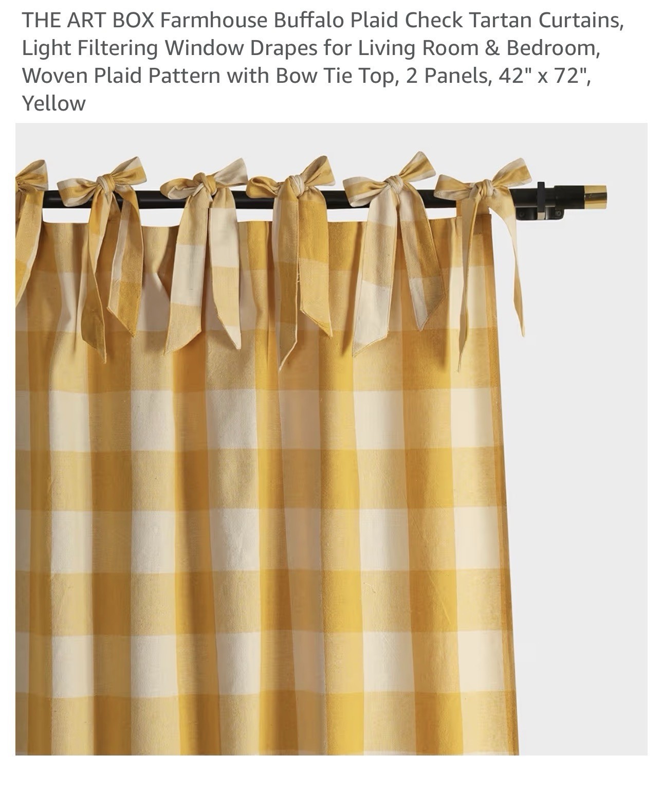 THE ART BOX Farmhouse Buffalo Check Tie Top Curtain Panels 42×72 Yellow/White