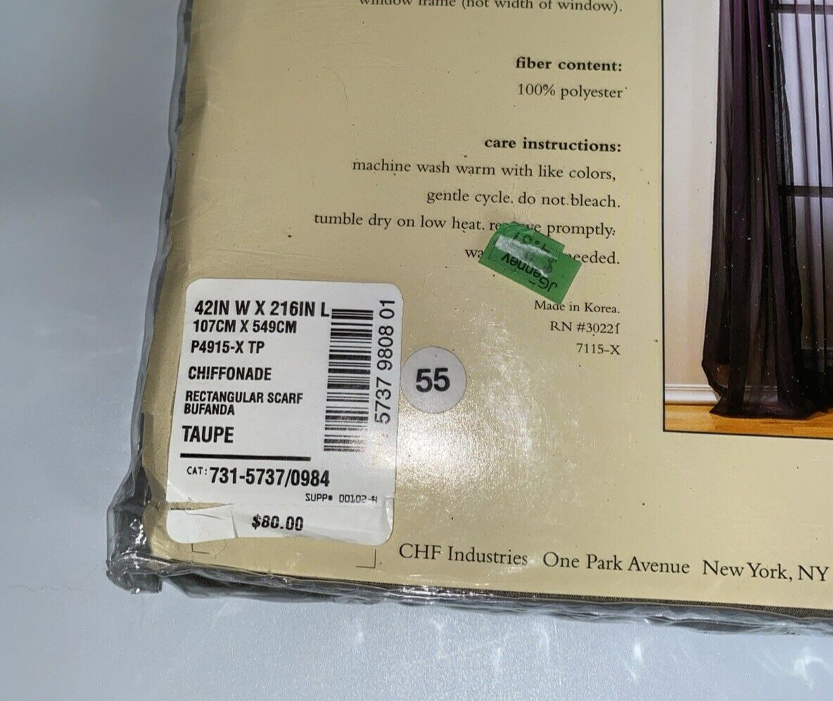 Peri Homeworks Collection. Rectangular Scarf Curtain 42×216 Chiffonade Taupe NEW