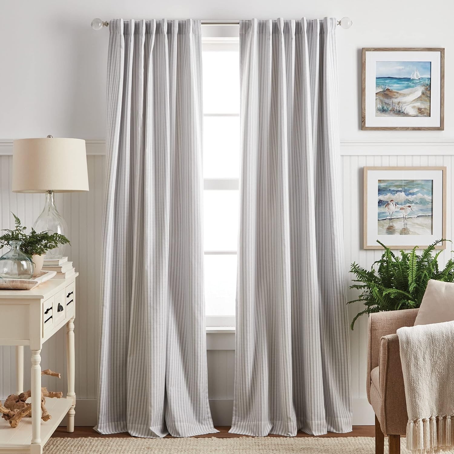 95″ Ticking Stripe Blackout Curtains Rod Pocket Back Tab White Grey Pair