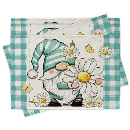 Spring Summer Gnome Placemats Set of 4, Daisy Floral Flower Teal Plaid Check
