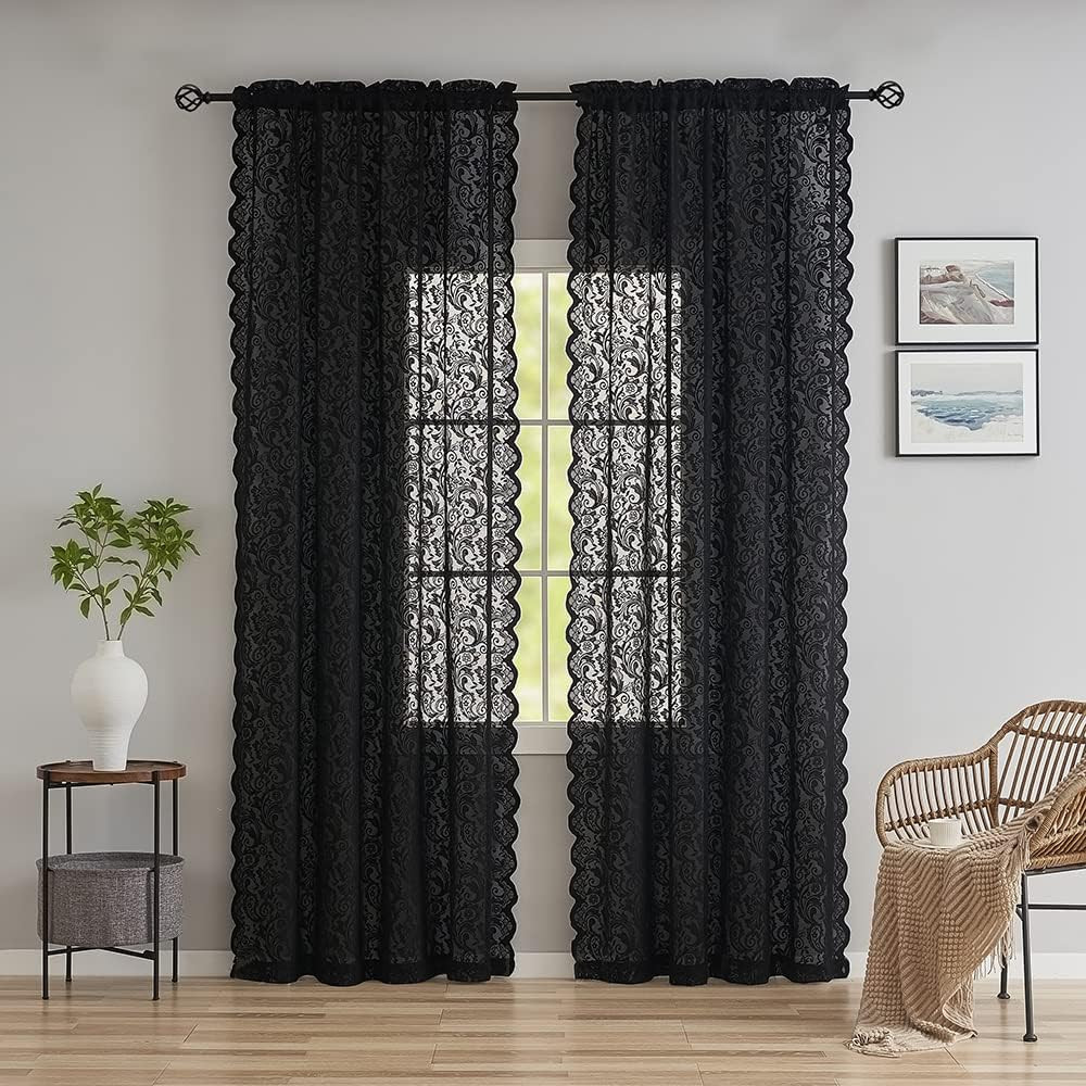 Black Lace Curtains 2 Panels 52×84 Gothic Sheer Boho Doorway Living Room