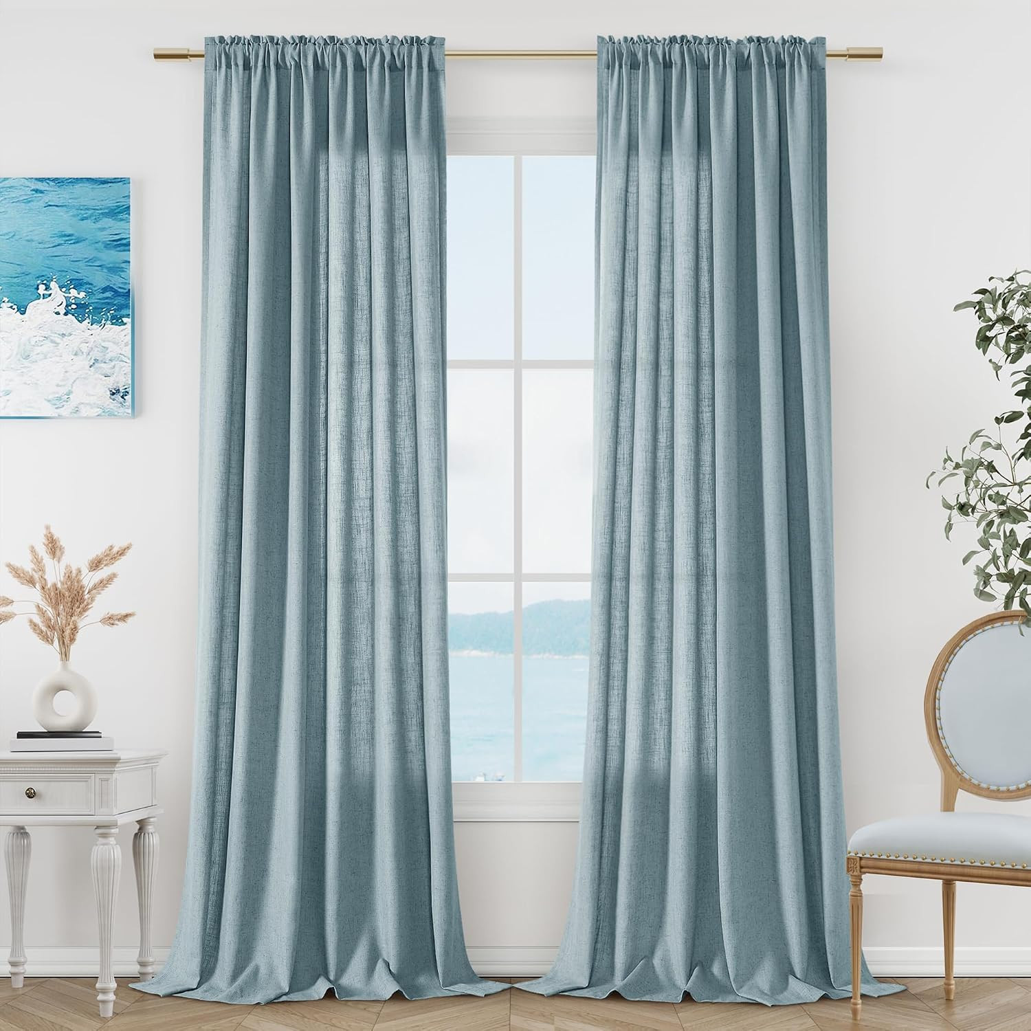 Blue Linen Curtains 84 Inch Length for Living Room Bedroom 2 Panels Set Rod Pock