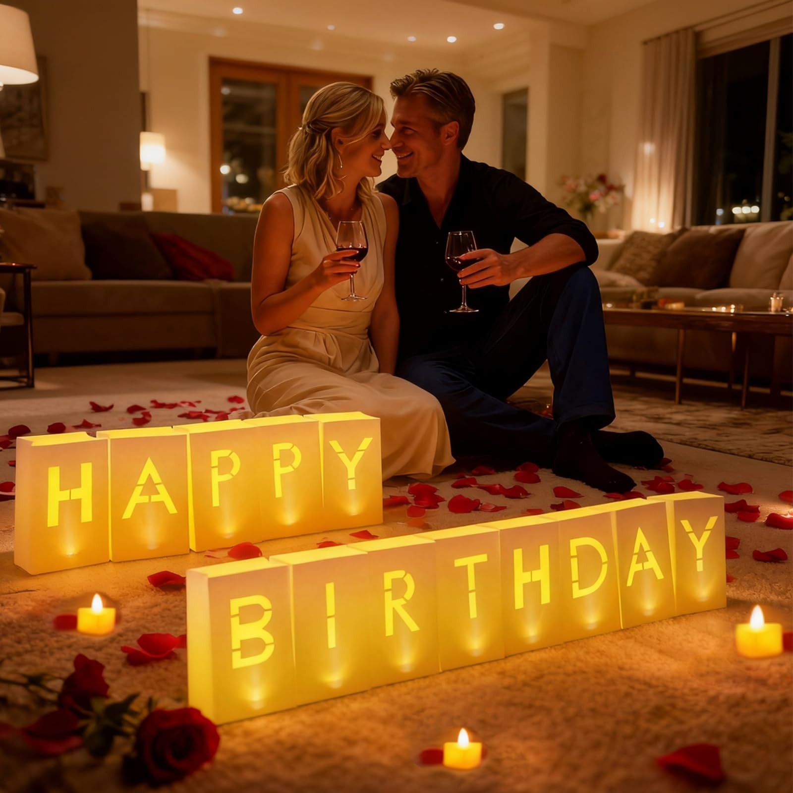 Happy Birthday Decoration with 30 LED Candles, Rose Petals & Balloons – Party