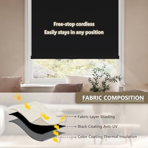 Cordlessout Roller Shades Blinds for Windows Free-Stop,Pull 20″W x 72″H Black