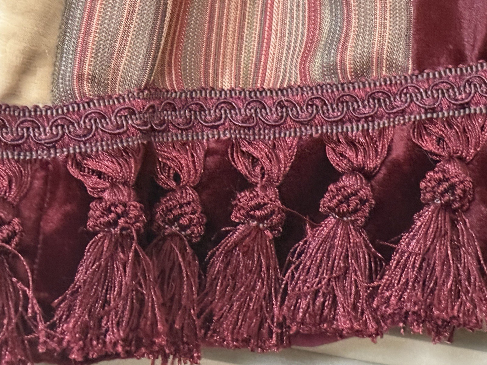 2 Scallop Patchwork Valances Burgundy Green Gold Velvet Tapestry Jarquard 54X18