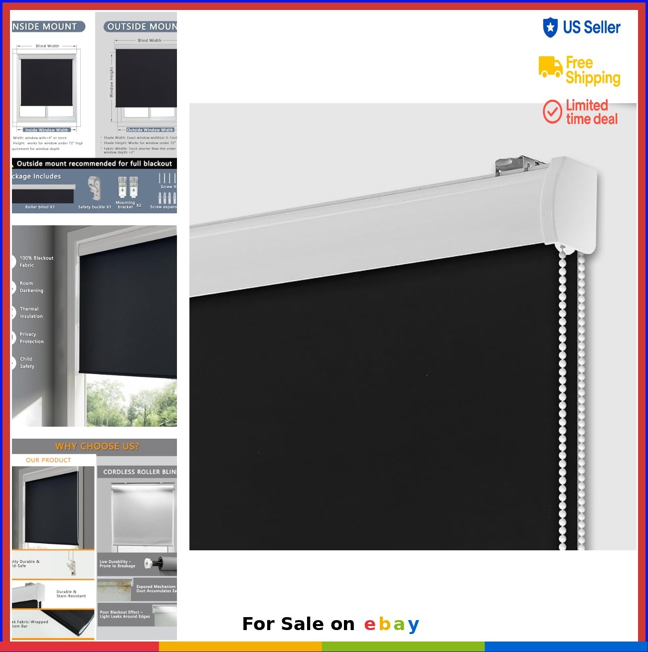 Corded Roller Shades 40×72 Inch Blackout Thermal Insulated Waterproof UV