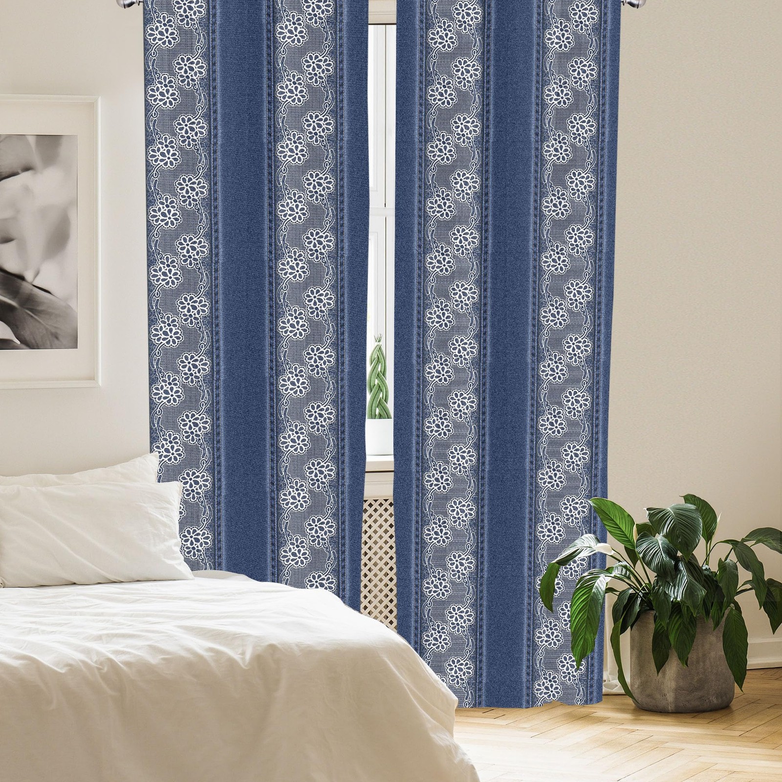 Floral Curtains, Jeans Background Plain Flower Motifs Pattern Denim Themed Di…