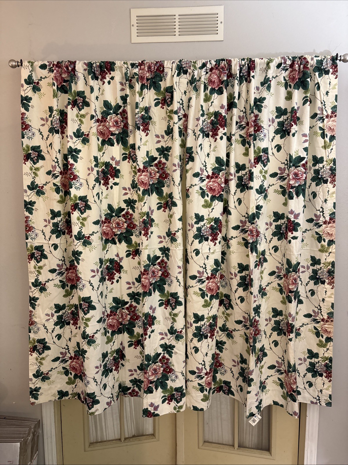 Two Country Curtains Panels White Roses Floral 60”Lx46” Cotton Blend