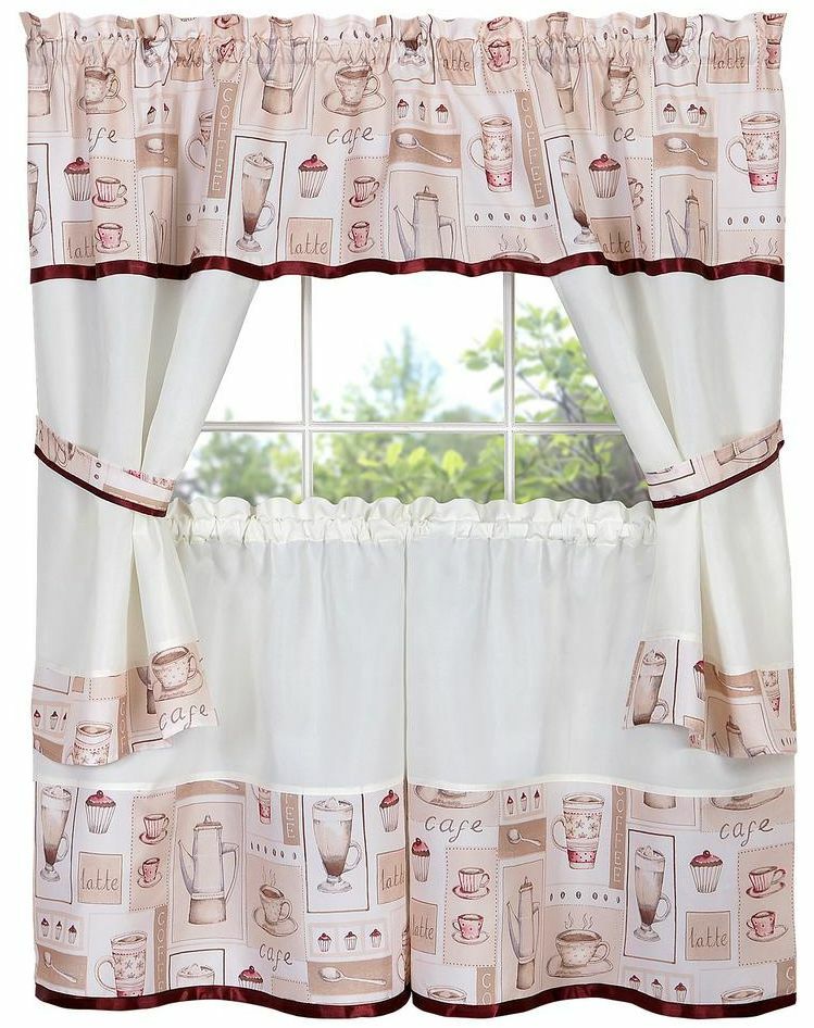 Kitchen Curtains Embellished Cottage Set (58″ x 36″) COFFEE CAPPUCCINO, Achim
