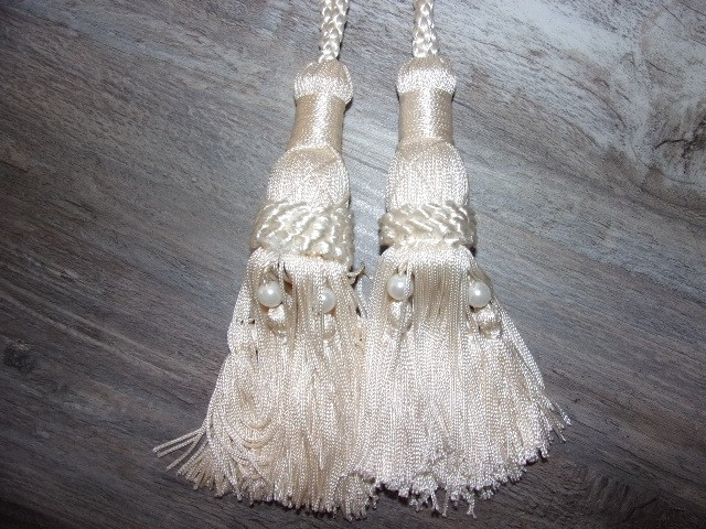 2 Vintage Curtain Drapery Tie-Back Tassel Braid Rope Off-White Beige