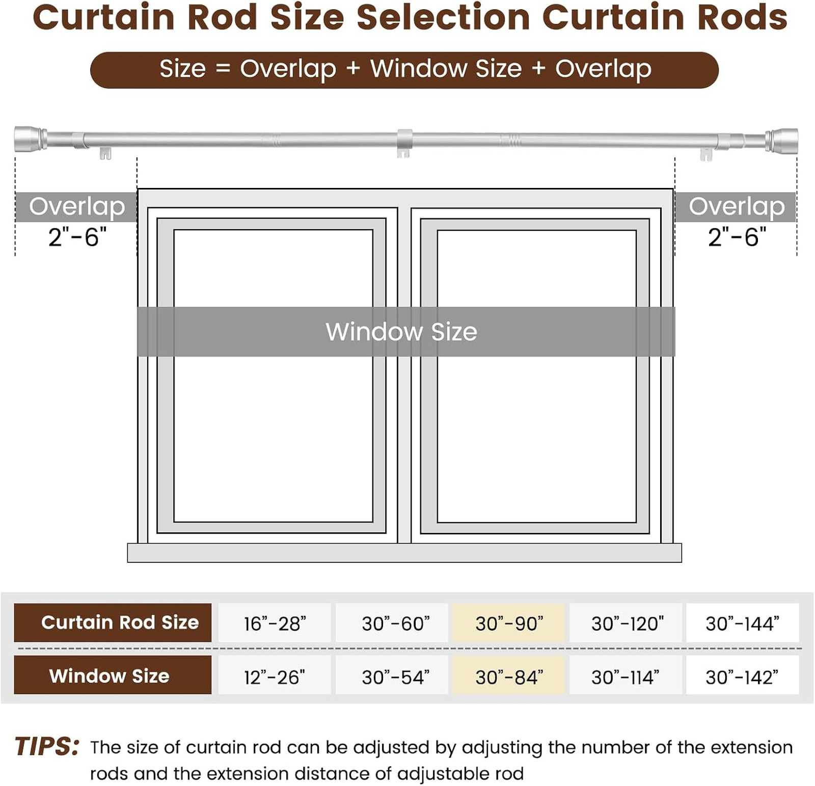 1 Inch Diameter Silver Curtain Rods Extendable 30 to 90 Inches Adjustable Heavy