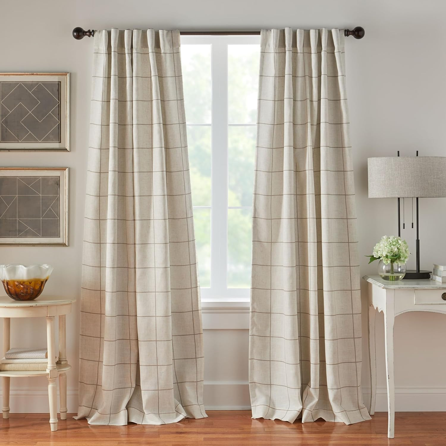 Brighton Windowpane Plaid Blackout Window Curtain Panel, Linen – 52″ W X 84″ L