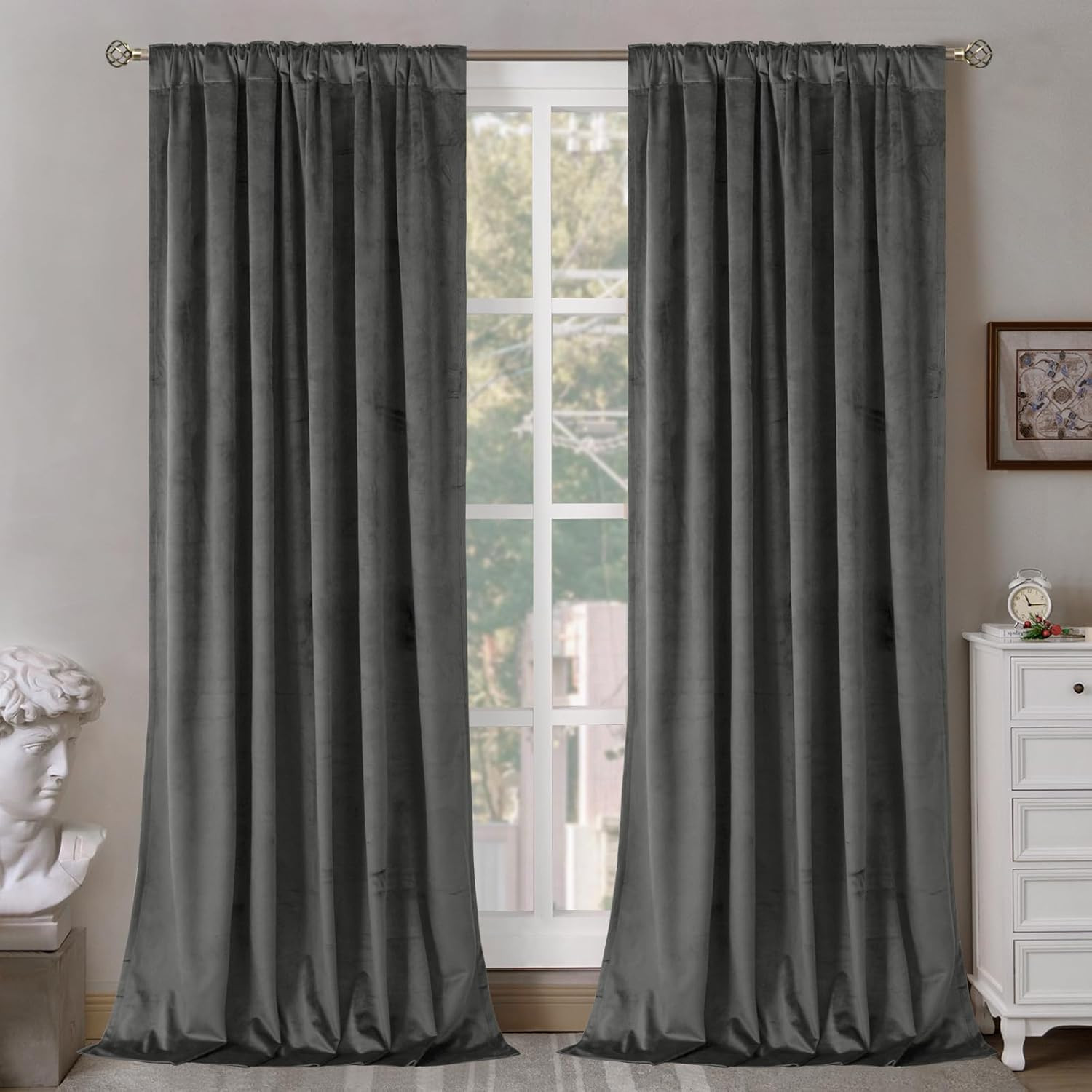 Elegant Grey Velvet Thermal Insulated Curtains 120″ Long – Set of 2 Panels