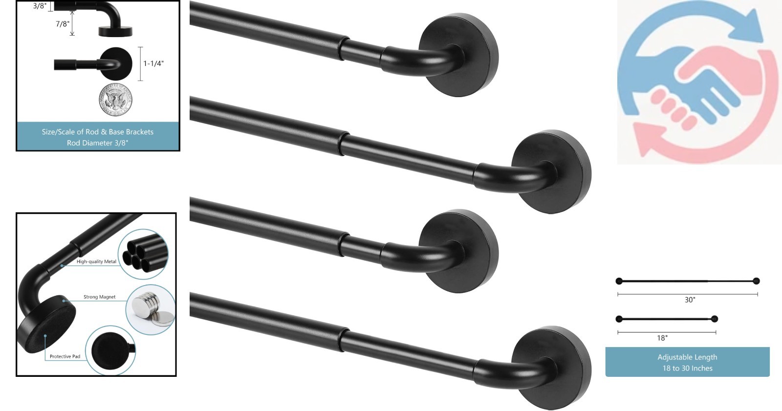 Versatile Adjustable TYRON Magnetic Curtain Rods for Windows & French Doors