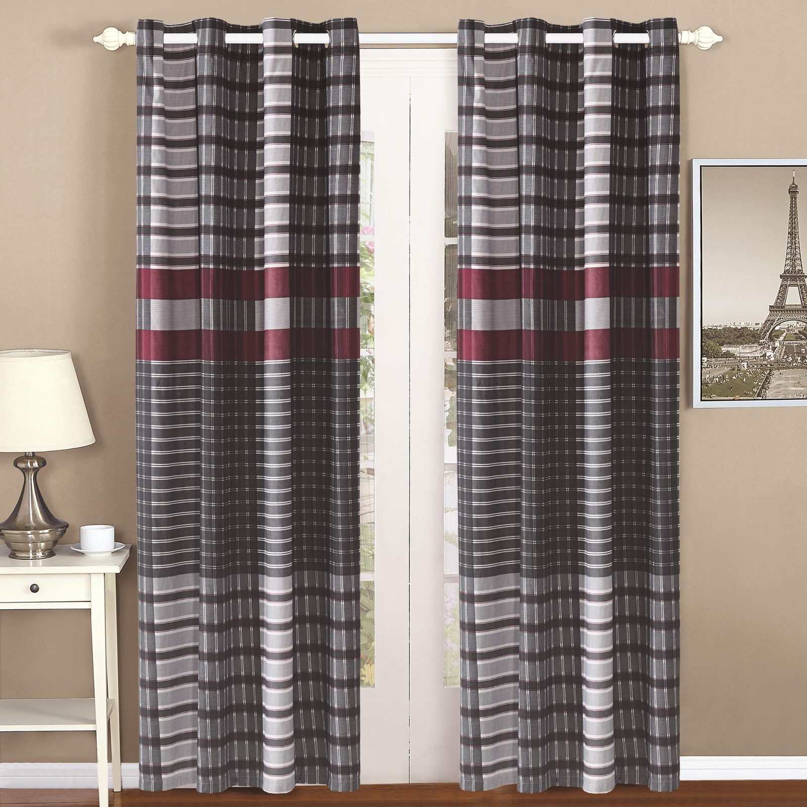 2 PC Plaid Printed Modern Contemporary Bedroom Home Decor Curtain Set