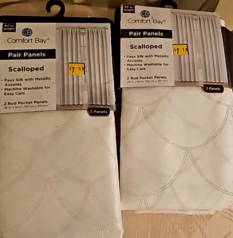 Comfort Bay 4 Panels Faux Silk Scalloped Metallic Accents 26 X 84” New