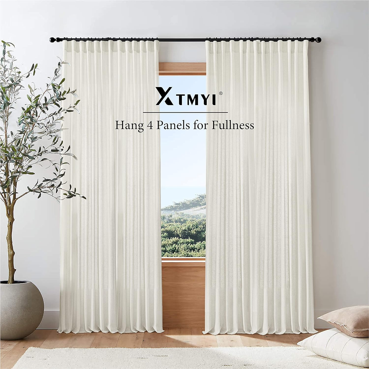 120″ Linen Curtains, Light Filtering Semi Sheer Drapes, 2 Panels, Cream