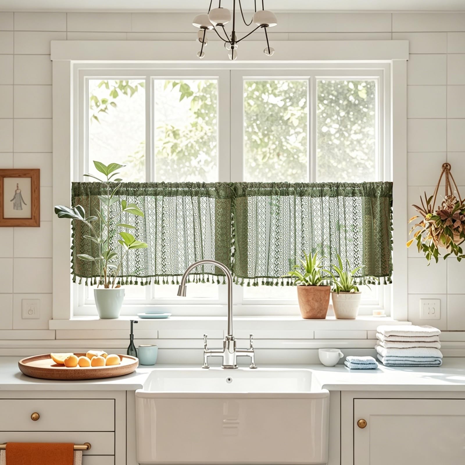 Olive Green Boho Window Curtains Valance 18 inches Long 2 Panels, Farmhouse L…