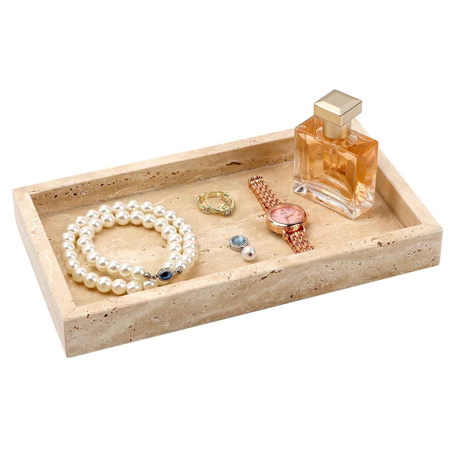 Shonmogar Natural Travertine Tray, 9.7×5.5 Inch Bathroom Vanity Organizer for…