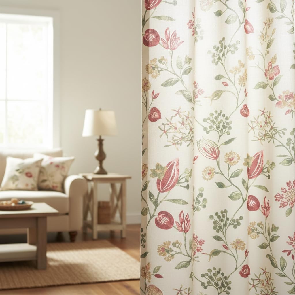 SUOUO Red Floral Curtains 84 inches Long Light Filtering Grommet 2 Panels