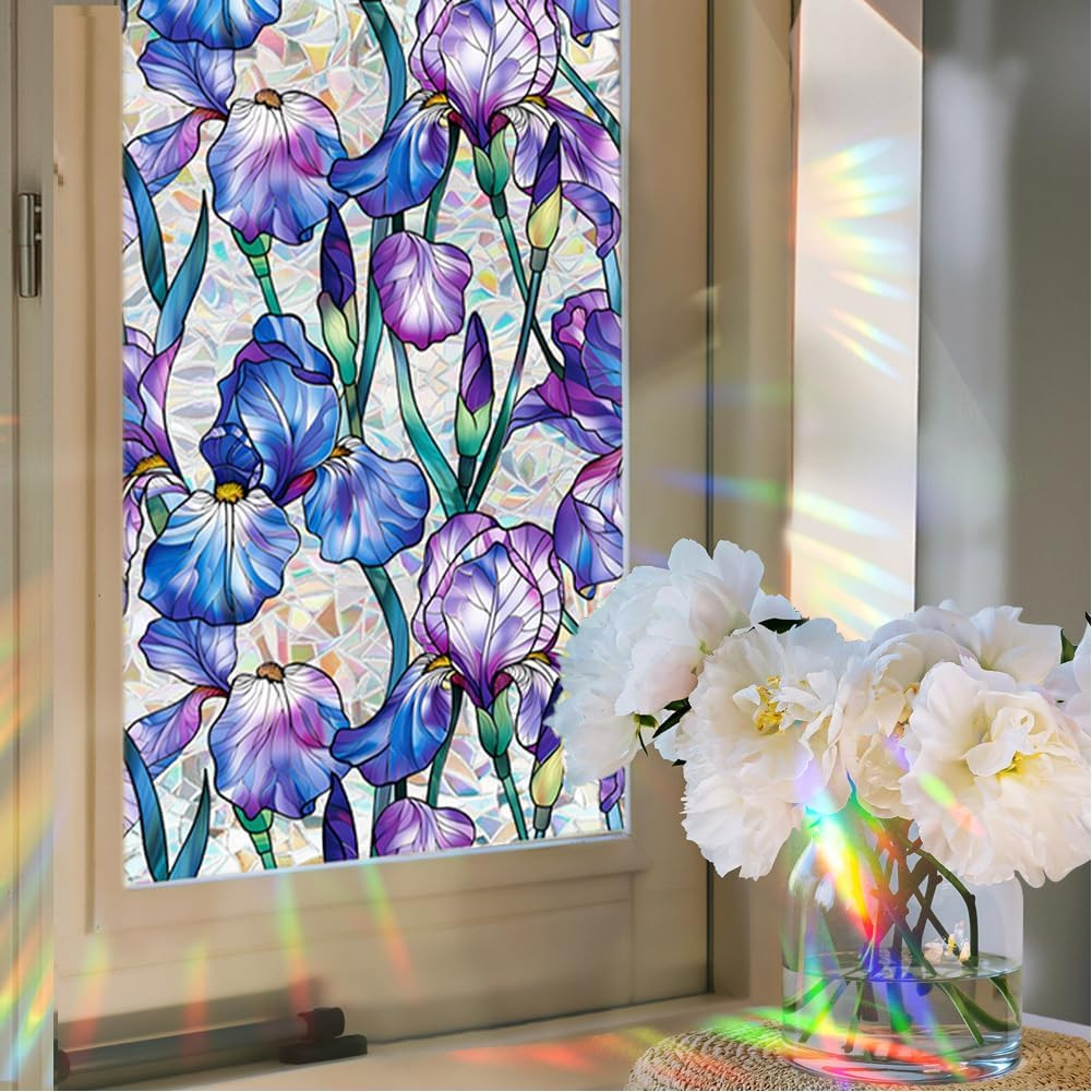 Purple Iris Flowers Sunroof Film Floral Rainbow Effect Static Clings Window Priv
