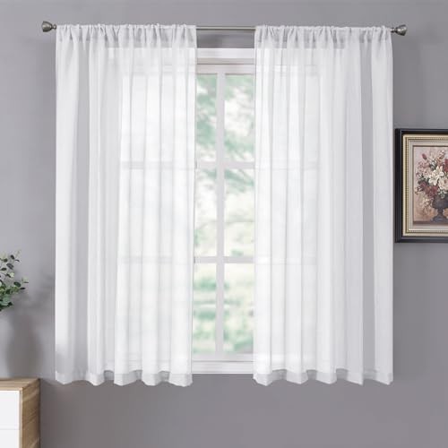 Tollpiz Short Sheer Curtain Living Room Linen 38″W x 54″L (Pack of 2) White