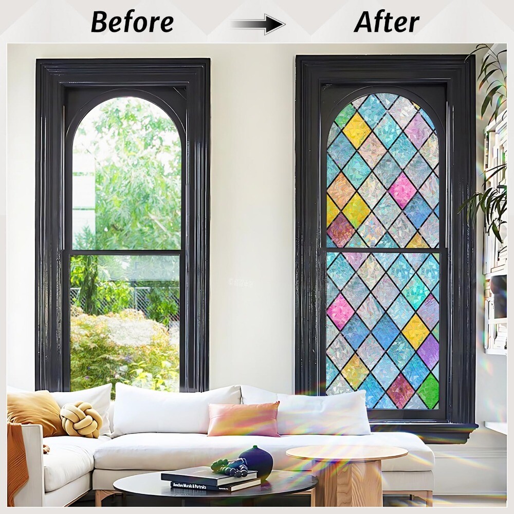 rabbitgoo Stained Glass Window Film Decorative Rainbow Colorful Lattice Sticker
