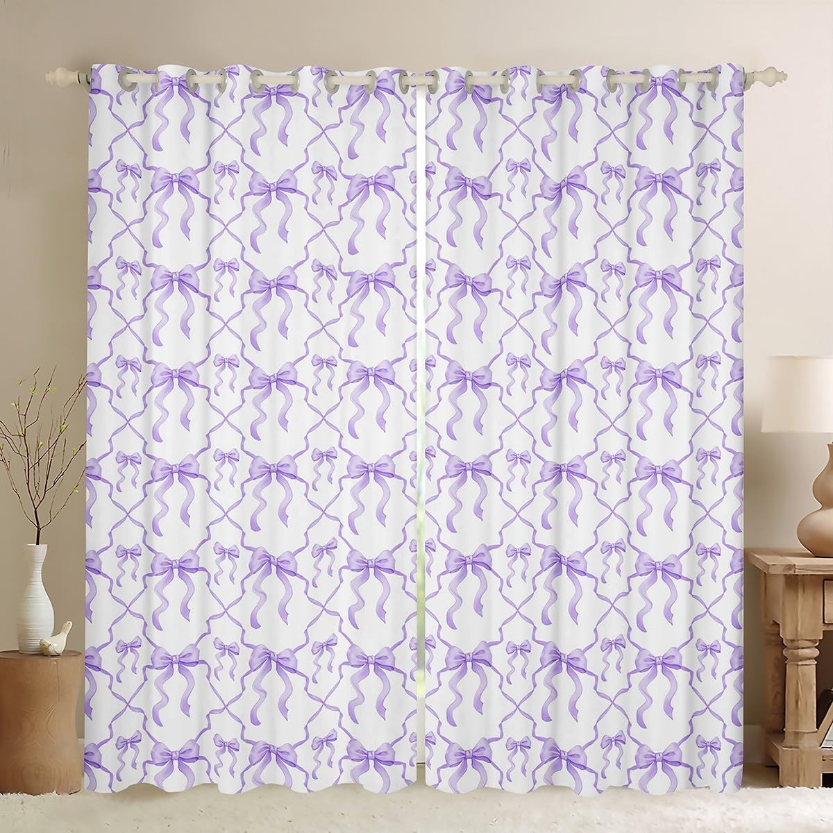 Purple Bow Curtain for Teen Women,Cute Ribbon Bowknot 52″ Wx63 L Window Curta…