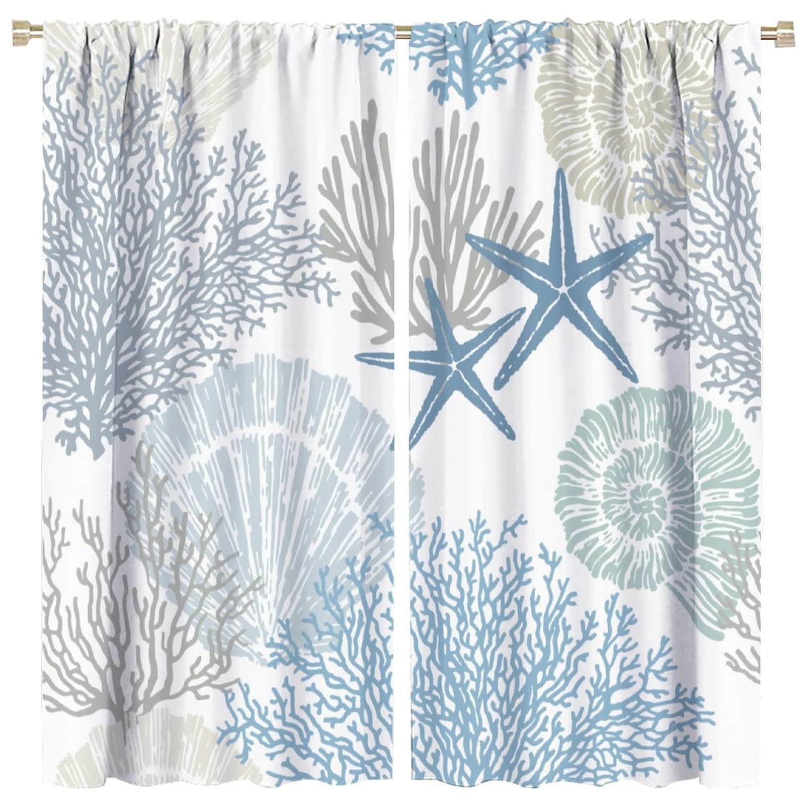 Starfish Seashells Curtains,Ocean Beach Theme Seashell Coral Home Decor Therm…