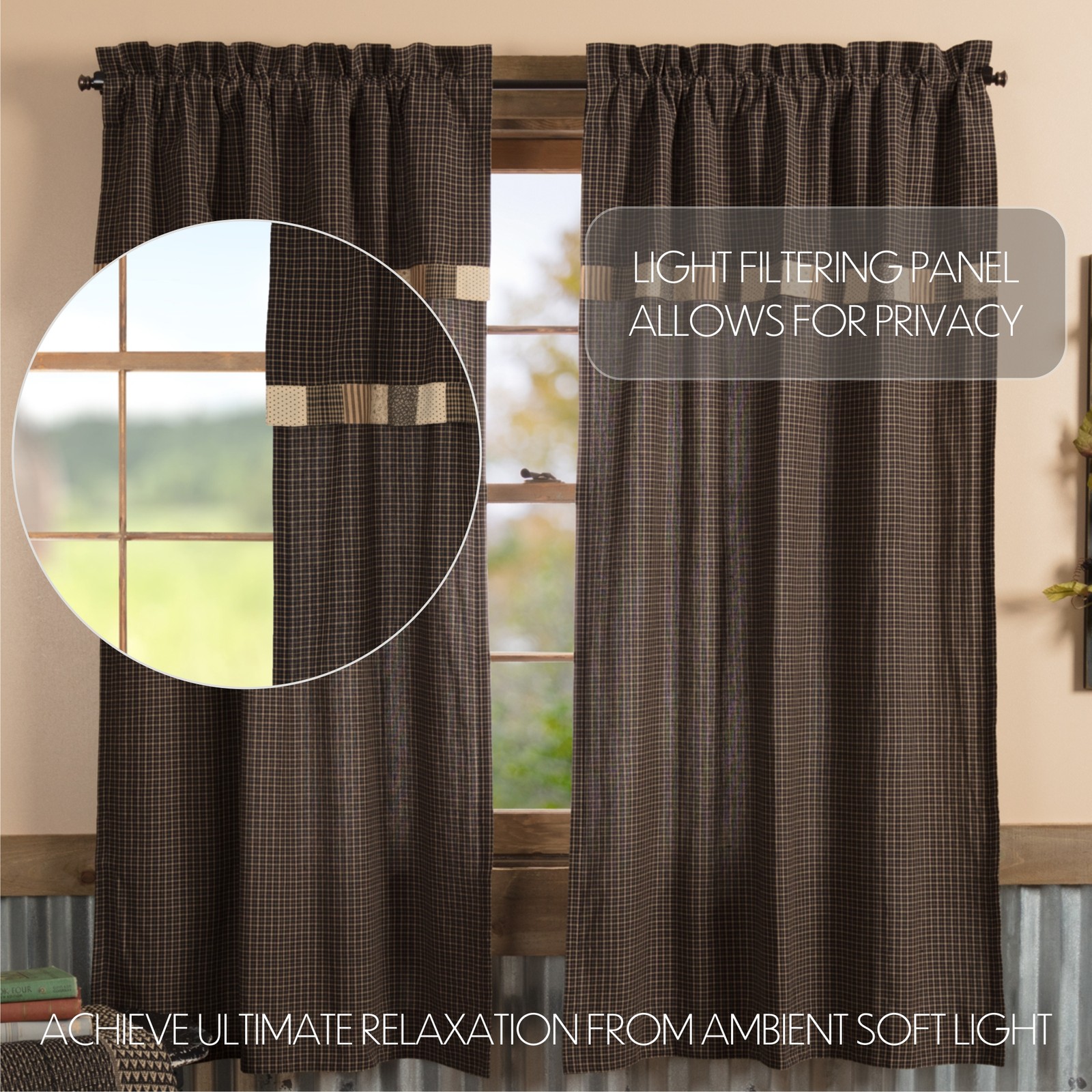 Primitive 63″x36″ Panel Pair Tan Rod Pocket Patchwork Window Curtains VHC Brands