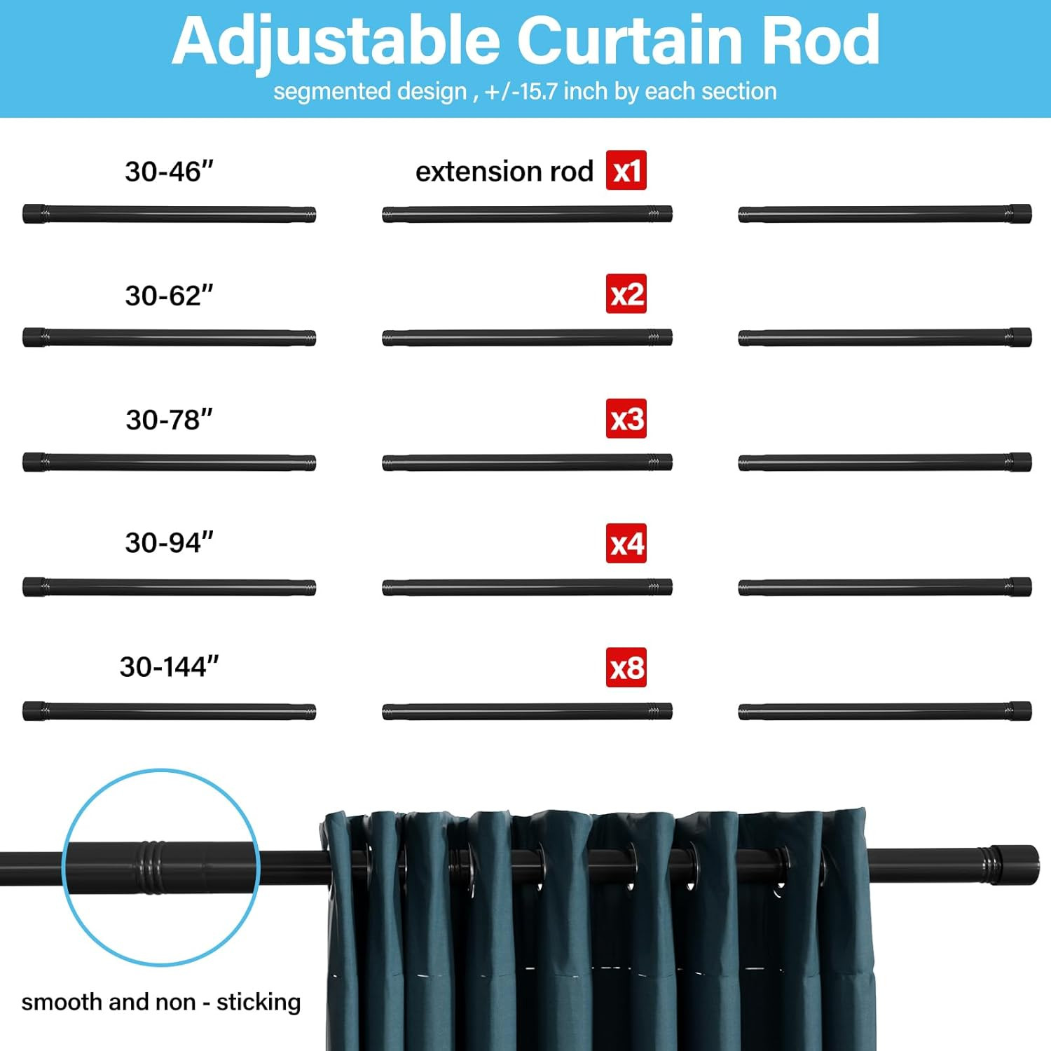 Curtain Rod for Window size from 48″ to 144″ wide Heavy Duty 1″ dia tubes black