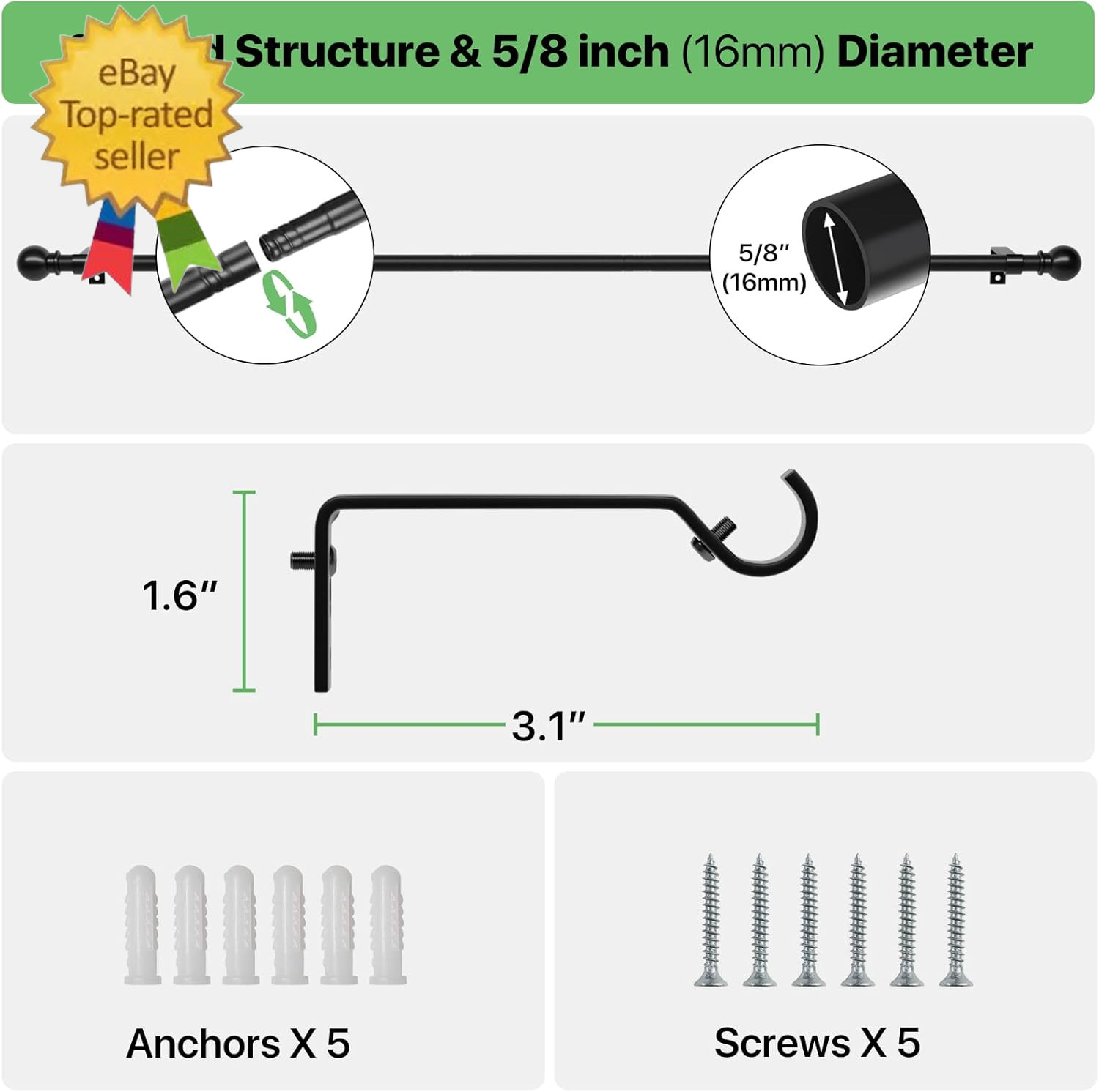 Curtain Rods for Windows 28 to 48 Inch, 5/8 Inch Black Curtain Rod Set with Brac