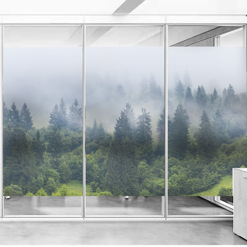 Home Window Film Static Cling Stained Forest Scenery 3D Frosted Decor US
