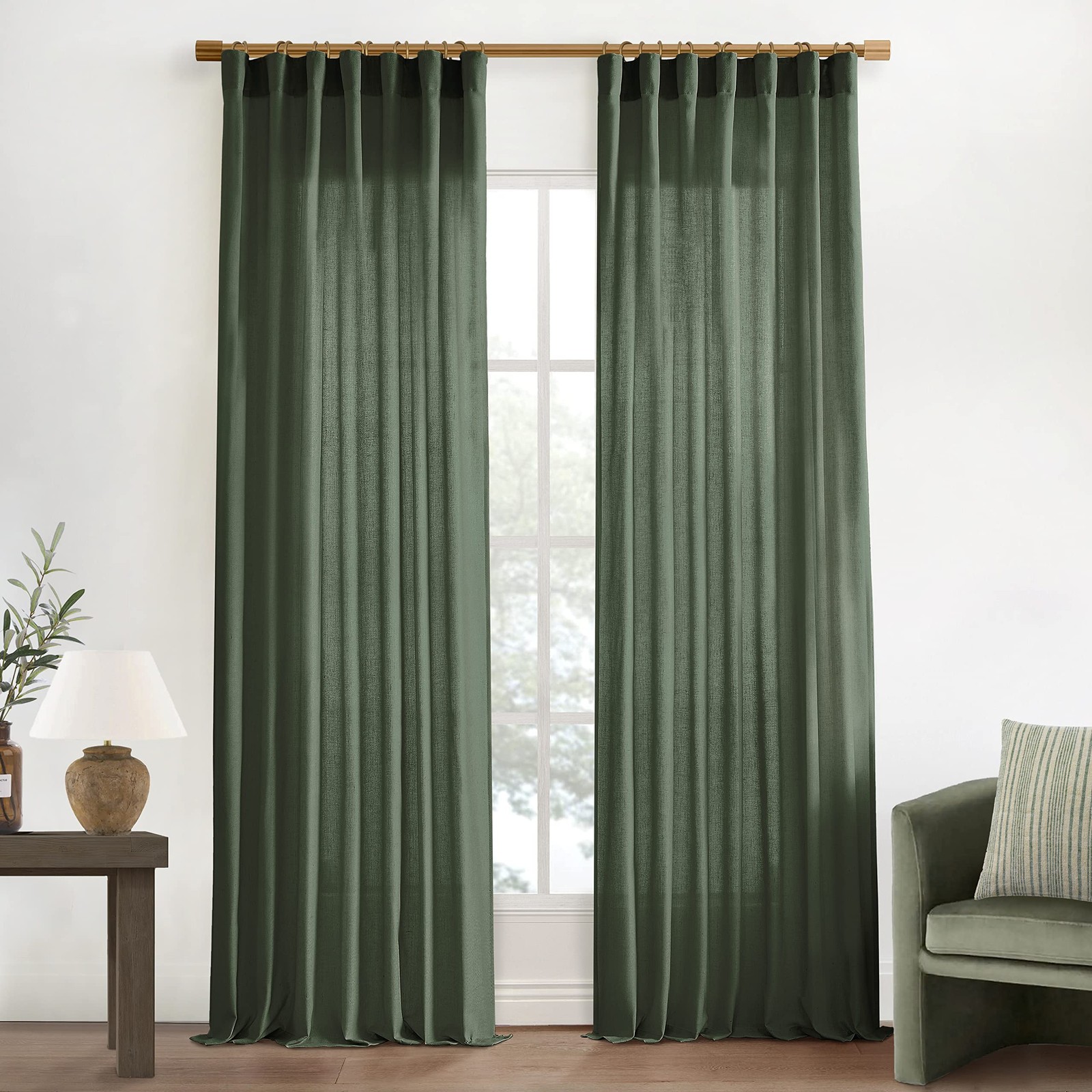 Olive Green Linen Curtains, Light Filtering Sheer Window Treatments, Boho Flo…