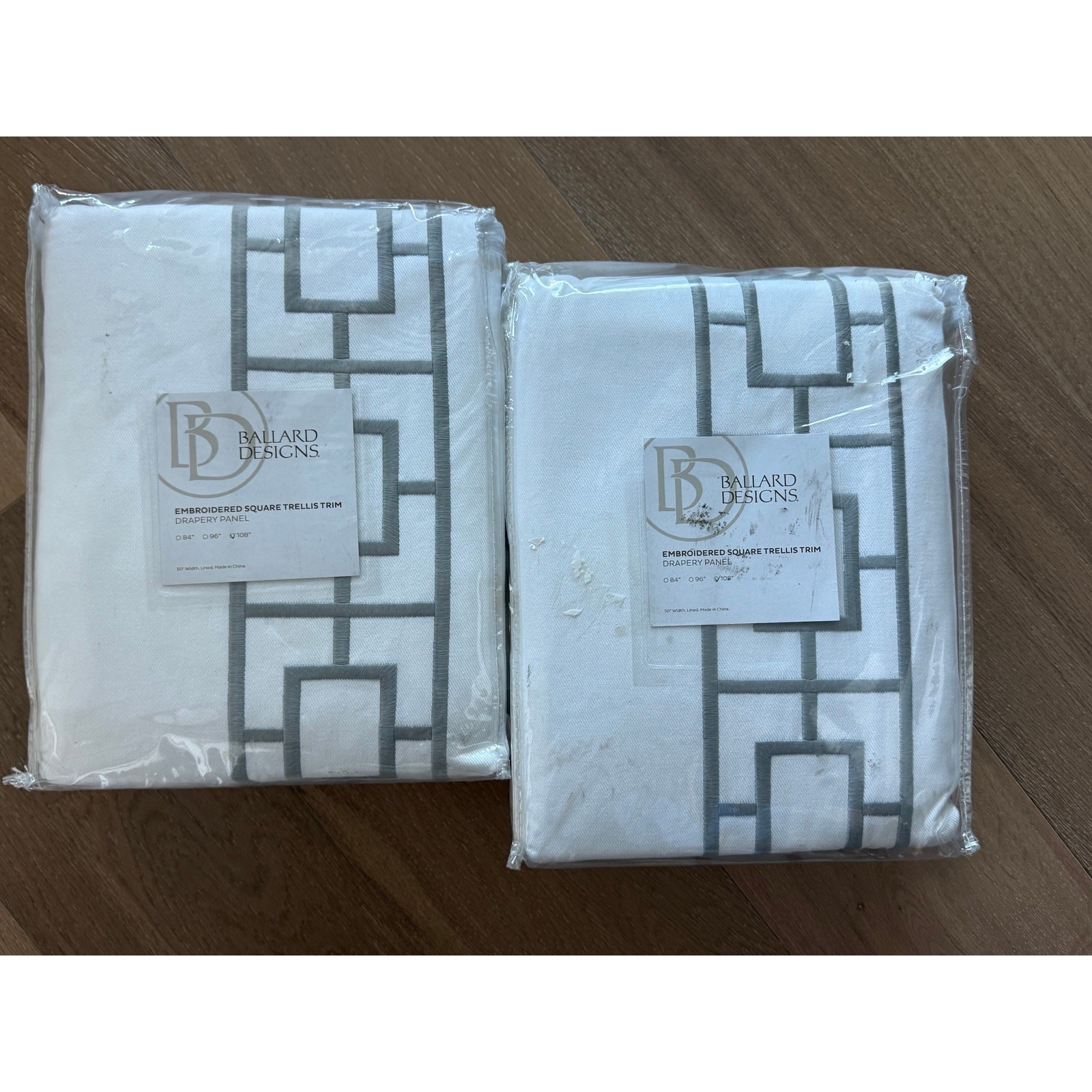 New Ballard Design Embroidered Square Trellis Panels Set of 2 Gray 50″ x 108″