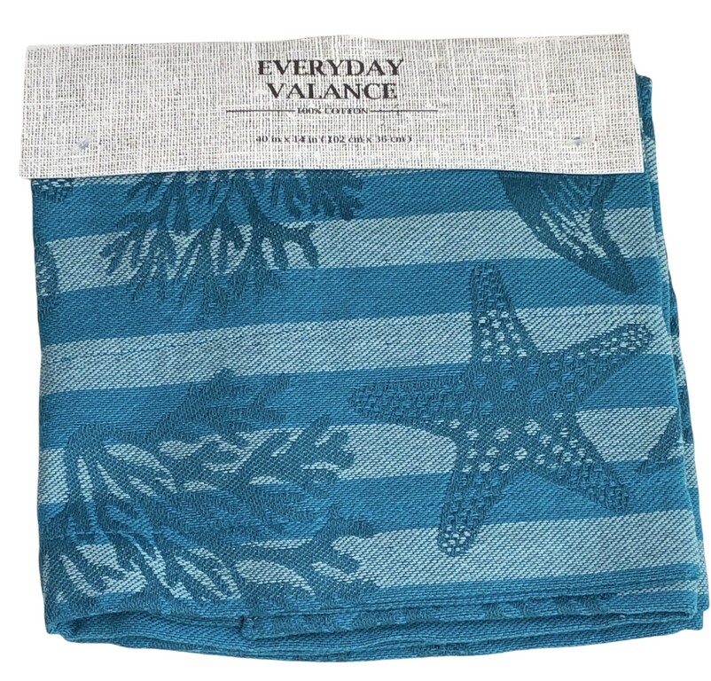 Starfish Coral Fish Valance 40×14″ Set Of 2 Beach House Blue Striped Summer