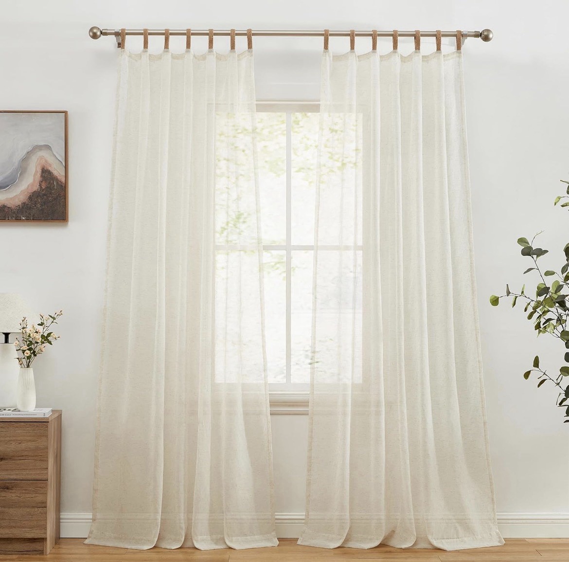 LENA BURLAP SHEER FLAX LINEN TAB TOP CURTAINS 2 PANELS BOHO BOHEMIAN NWT