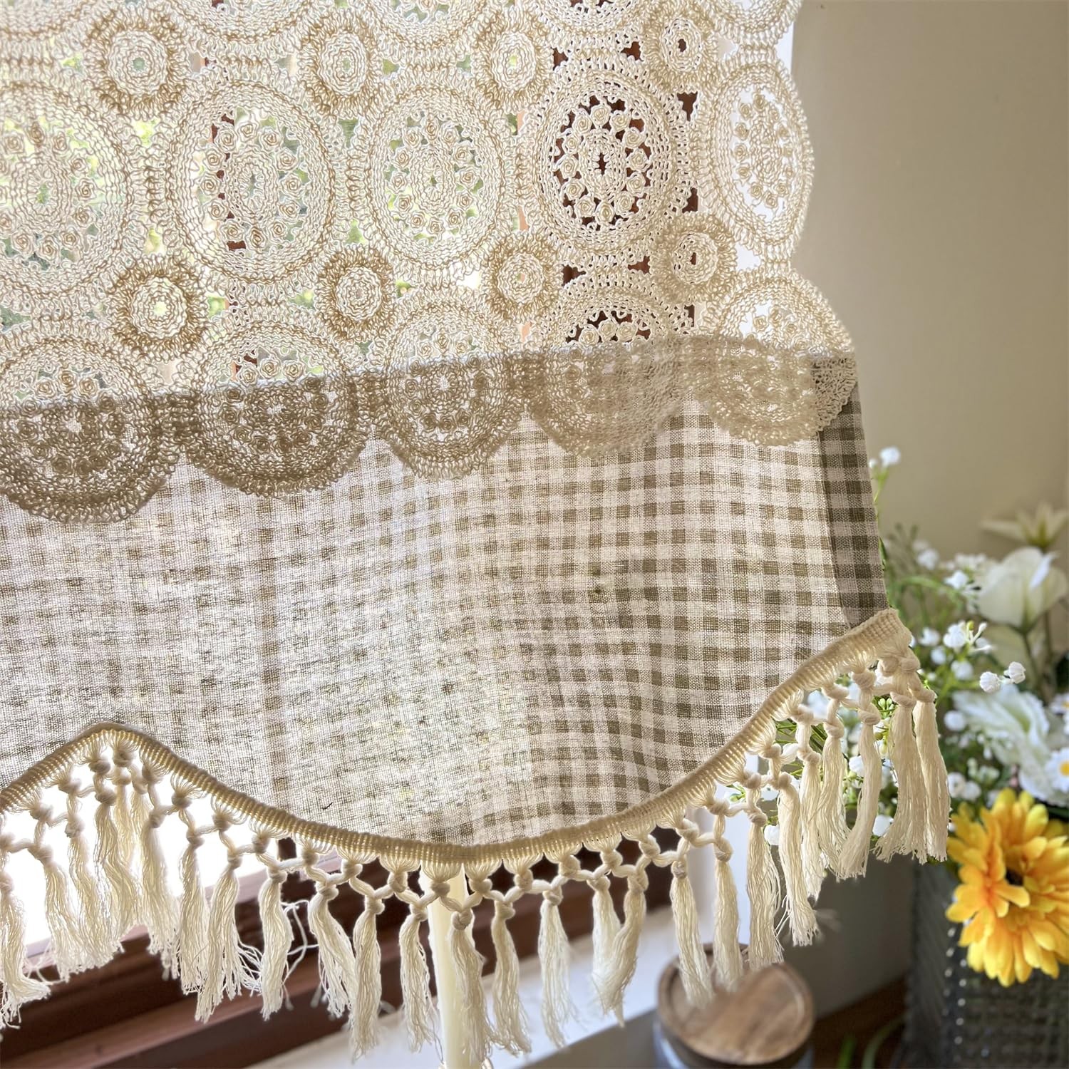 Boho Macrame Linen Knitted Lace Curtain Valance for Window Kitchen