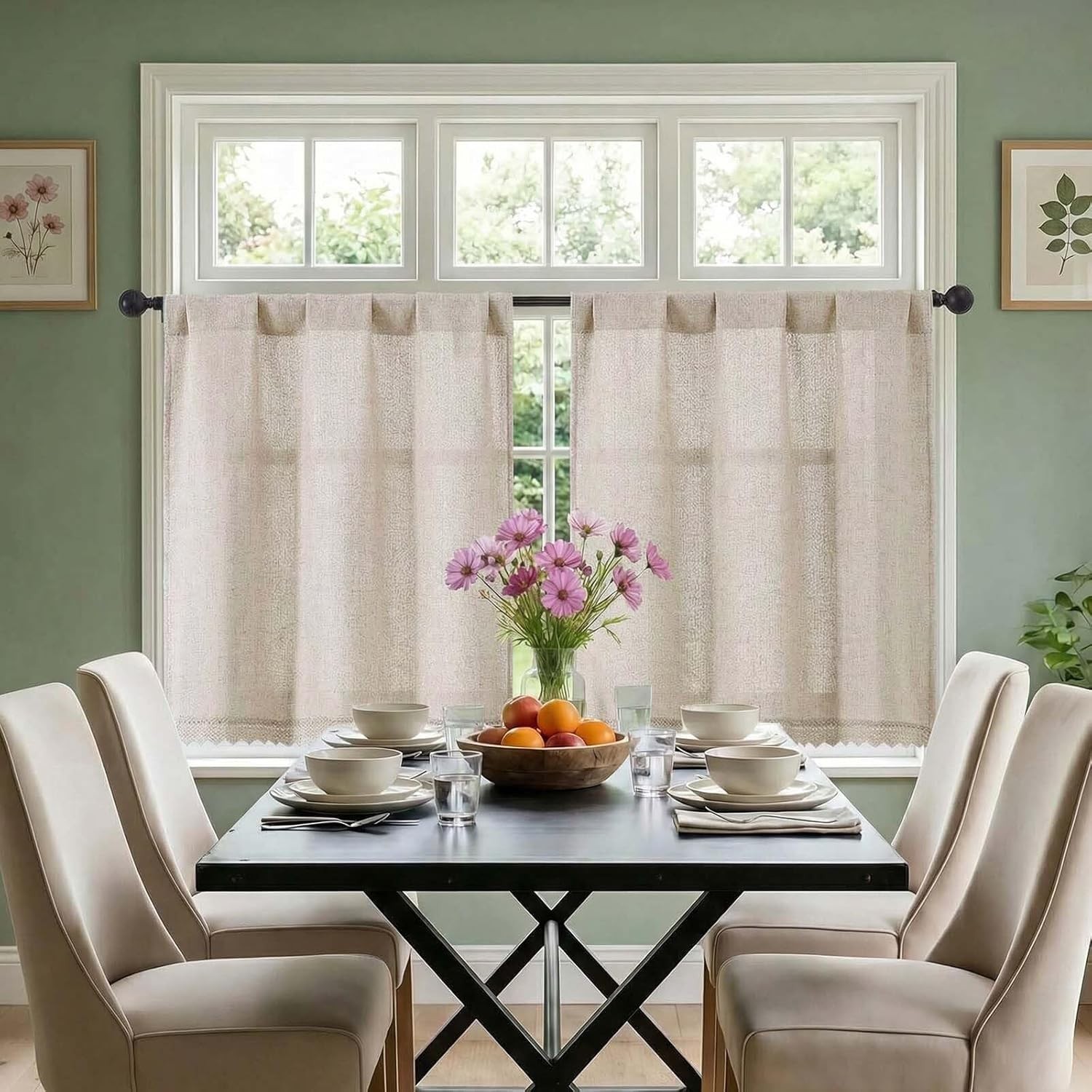 Boho Lace Kitchen Curtains 24 Inch Length – Light Filtering Faux Linen Vintag…