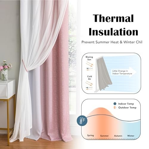 100% Blackout Curtains with Sheer Overlay, 72″ Double Layer Drapes, 2 Panels, Pi
