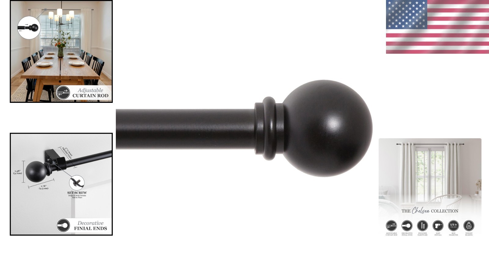Versatile Adjustable Curtain Rod 48-86 Inches in Black – Complete Hardware Set