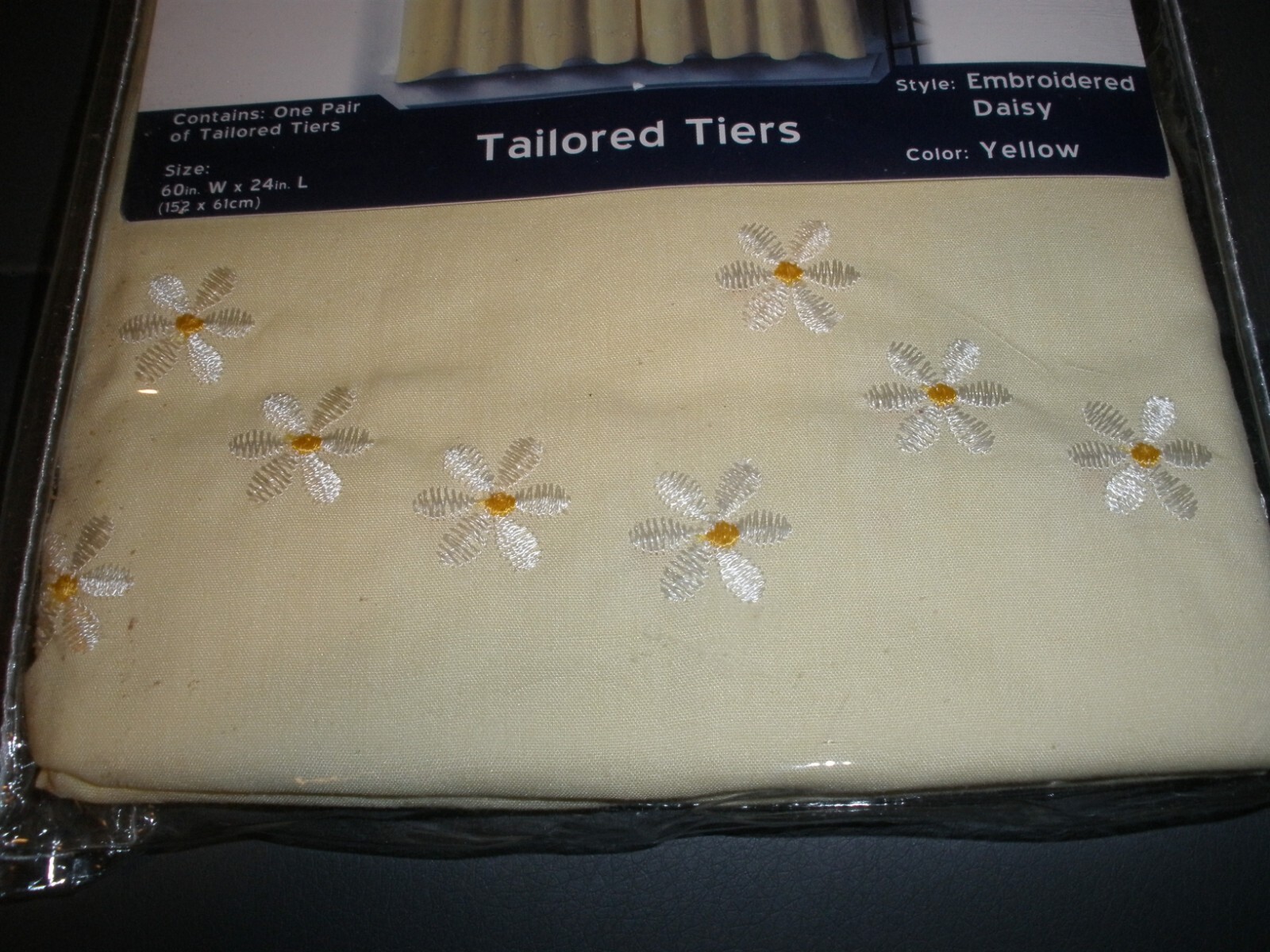 NEW Home Essentials Tailored Tiers Embroidered Daisy Yellow 1 Pair 60″ x 24″ 069