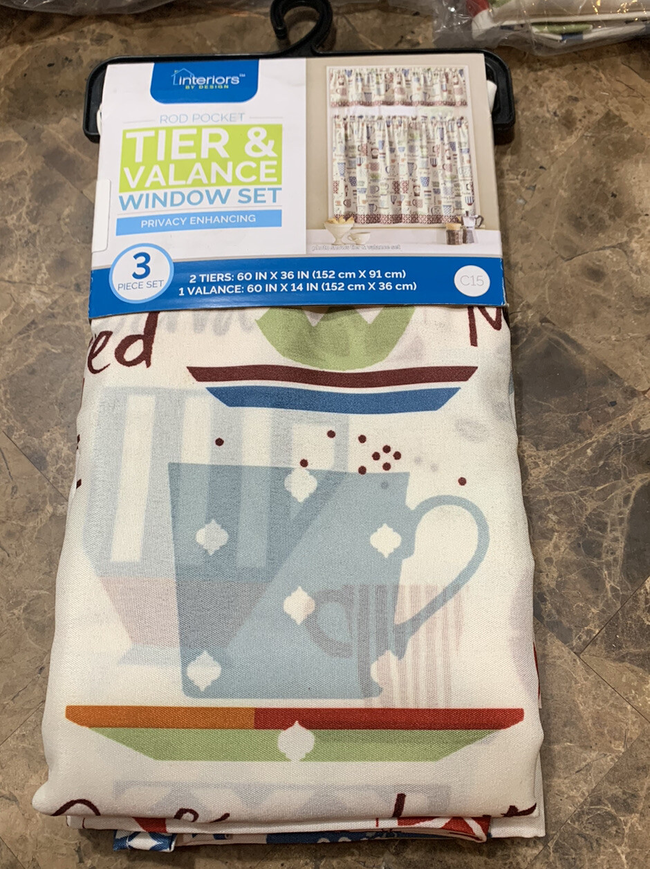 Interiors By Design Rod Pocket Tier Valance Set Coffee Cafe 36 Length x 60 Wide