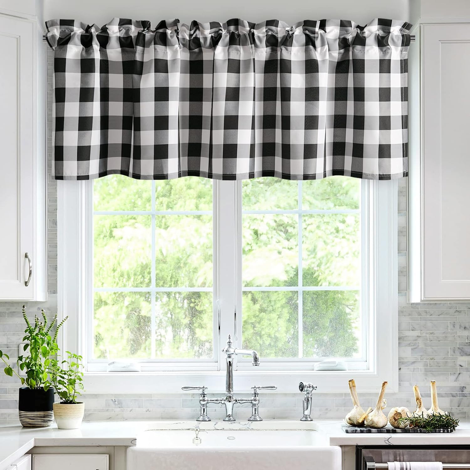 Buffalo Plaid Curtains Valances for Windows – Black and White Semi Sheer Checker